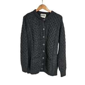 Aran Crafts Charcoal Gray Merino Wool Cable Knit Button Up Cardigan Sweater XL